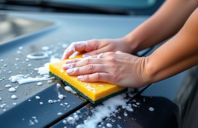 Person washing a car with a sponge