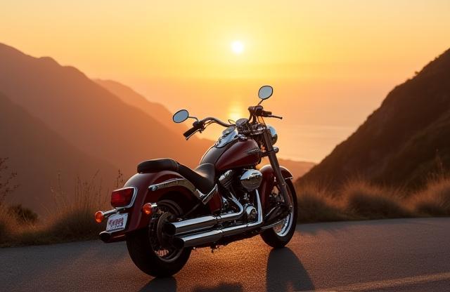 Motorcycle parked on a scenic road overlook during golden hour