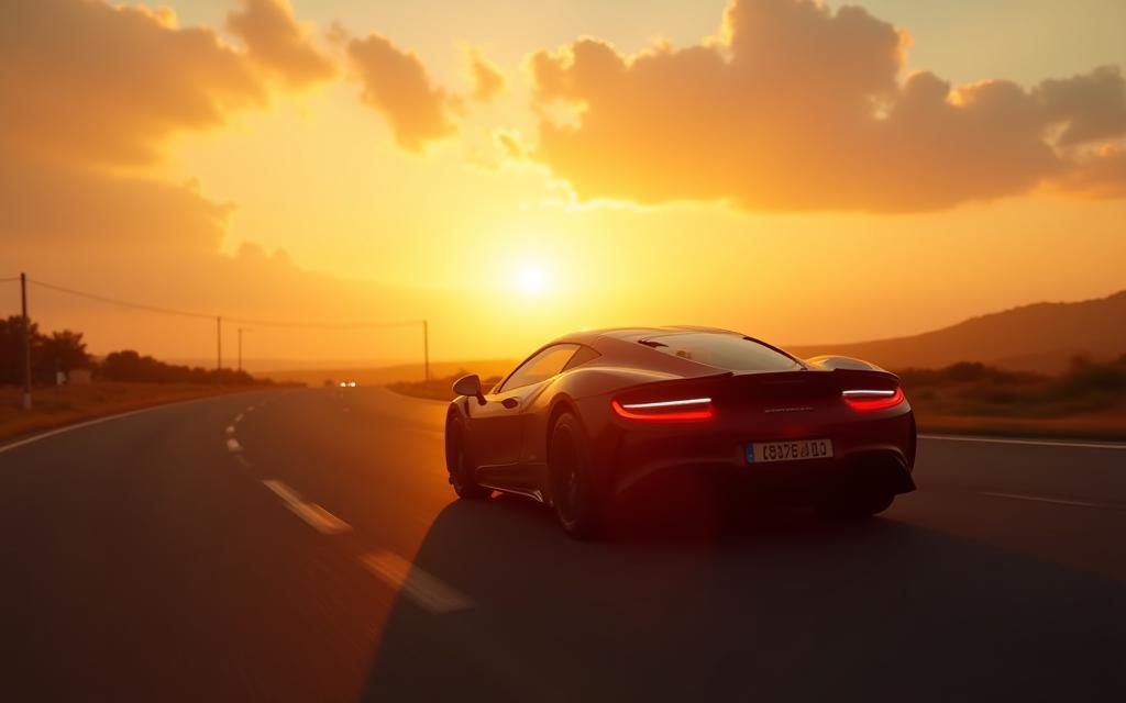 Modern car driving on a scenic road at sunset
