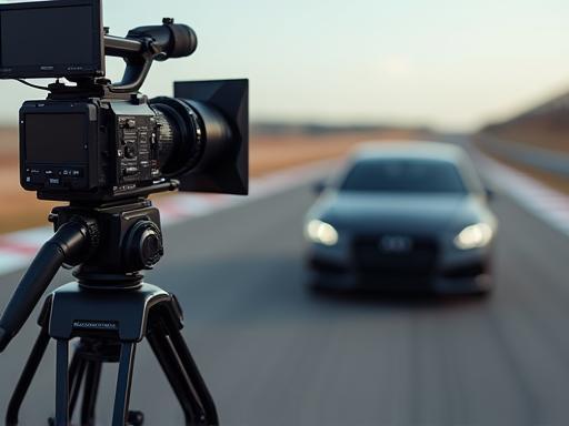 Video camera filming a car on track